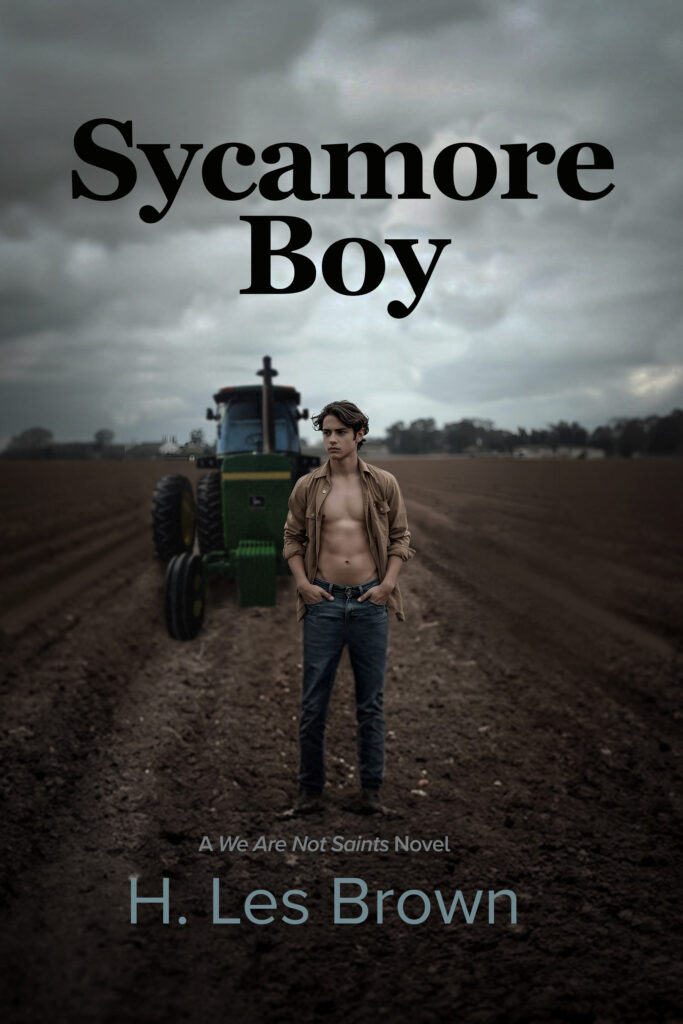 Book cover for Sycamore Boy, an LGBTQ novel about faith and identity, showing Tony Keating and a tractor in an open, fallow field.